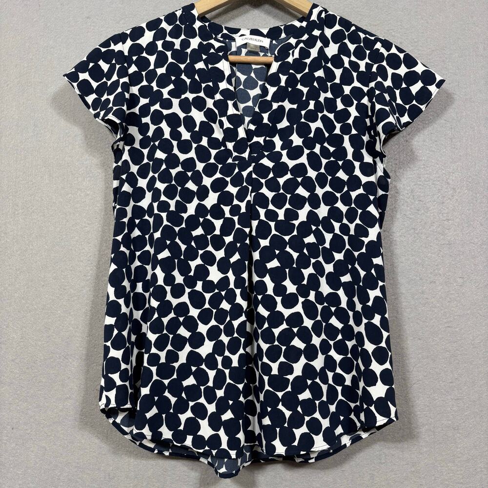 Calvin Klein Navy Blue White Graphic Print Polka‎ Dot Top Small Flutter Sleeve